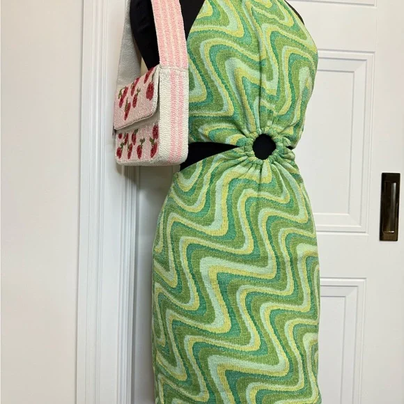 ZARA ZIG ZAG GREEN CUT OUT DRESS 70s FUNKY MEDIUM JACQUARD BLOGGER - Picture 3 of 5
